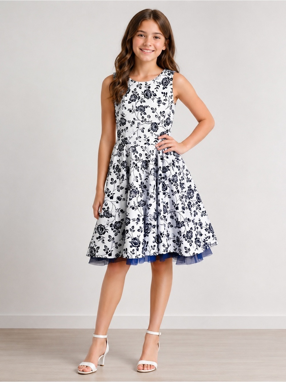 Knitworks Girls Size 12 White Blue Velvet Rose Holiday Dress Sleeveless